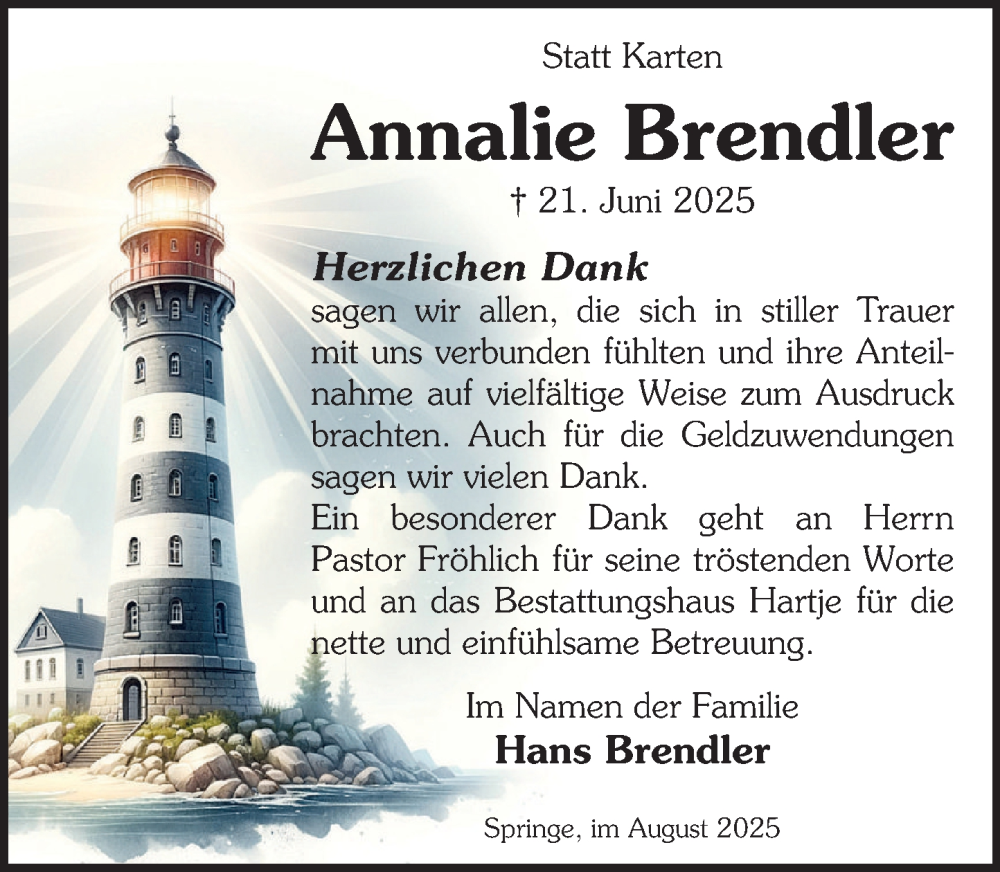  Traueranzeige für Annalie Brendler vom 09.08.2025 aus Neue Deister-Zeitung