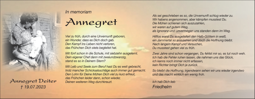  Traueranzeige für Annegret Deiter vom 19.07.2025 aus Deister- und Weserzeitung