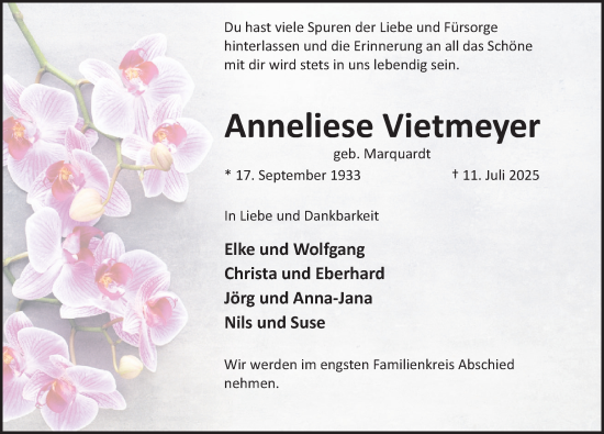 Traueranzeige von Anneliese Vietmeyer von Deister- und Weserzeitung