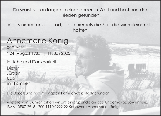 Traueranzeige von Annemarie König von Deister- und Weserzeitung
