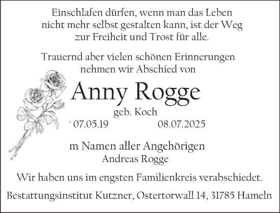 Traueranzeige von Anny Rogge von Deister- und Weserzeitung