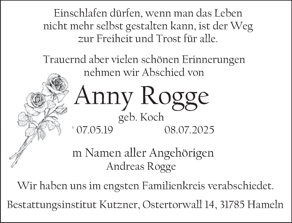  Traueranzeige für Anny Rogge vom 19.07.2025 aus Deister- und Weserzeitung