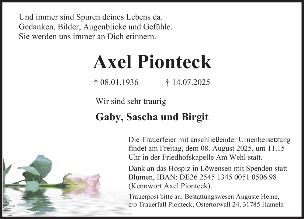  Traueranzeige für Axel Pionteck vom 26.07.2025 aus Deister- und Weserzeitung