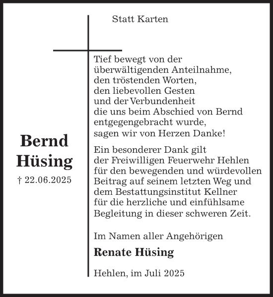 Traueranzeige von Bernd Hüsing von Deister- und Weserzeitung