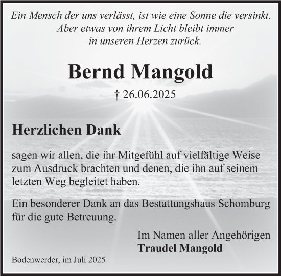 Traueranzeige von Bernd Mangold von Deister- und Weserzeitung
