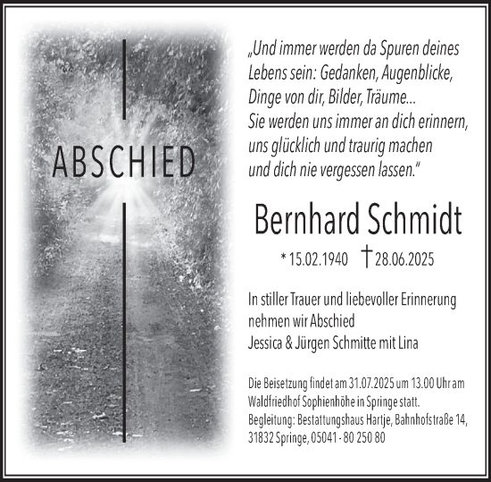 Traueranzeige von Bernhard Schmidt von Neue Deister-Zeitung