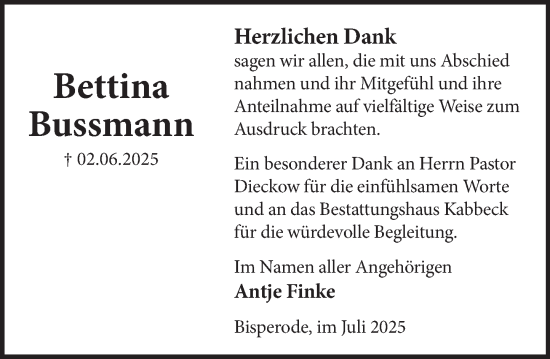 Traueranzeige von Bettina Bussmann von Deister- und Weserzeitung