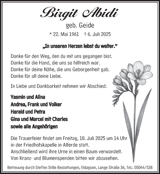 Traueranzeige von Birgit Abidi von Neue Deister-Zeitung