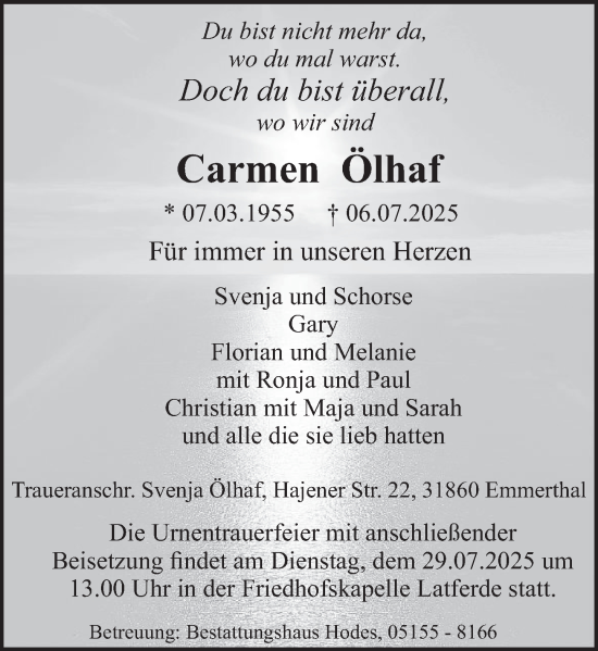 Traueranzeige von Carmen Olhaf von Deister- und Weserzeitung