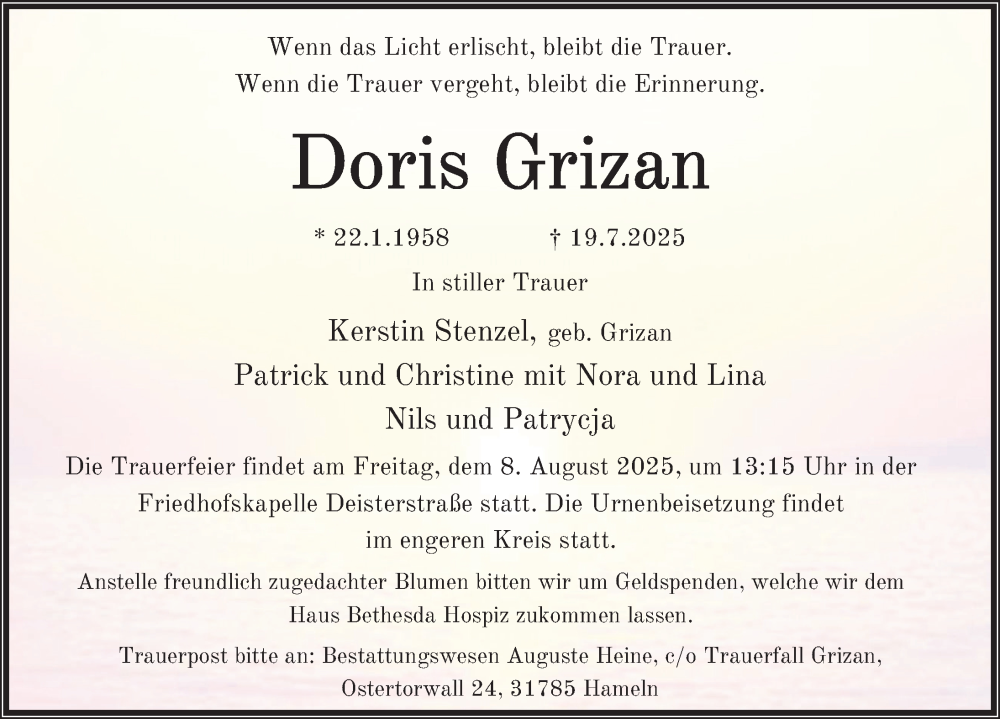  Traueranzeige für Doris Grizan vom 02.08.2025 aus Deister- und Weserzeitung