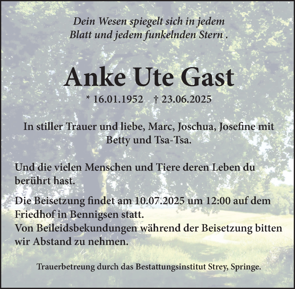  Traueranzeige für Anke Ute Gast vom 07.07.2025 aus 