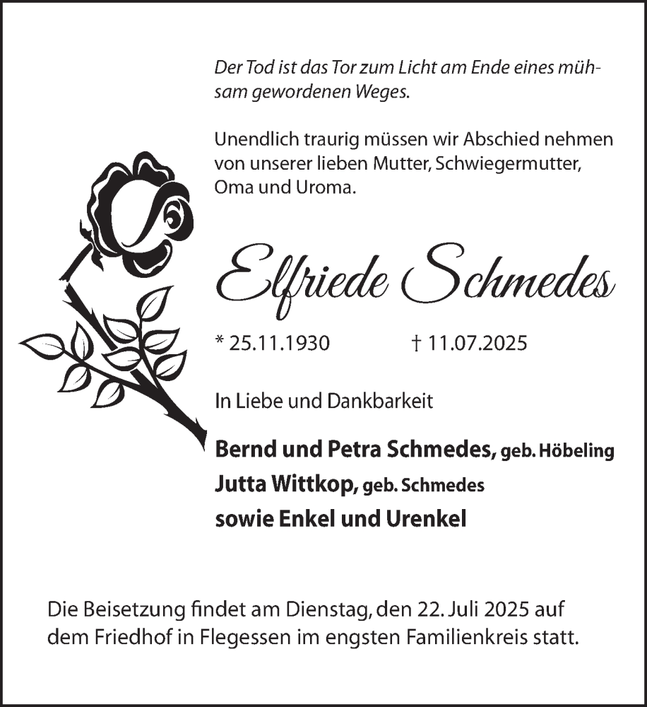  Traueranzeige für Elfriede Schmedes vom 19.07.2025 aus Neue Deister-Zeitung