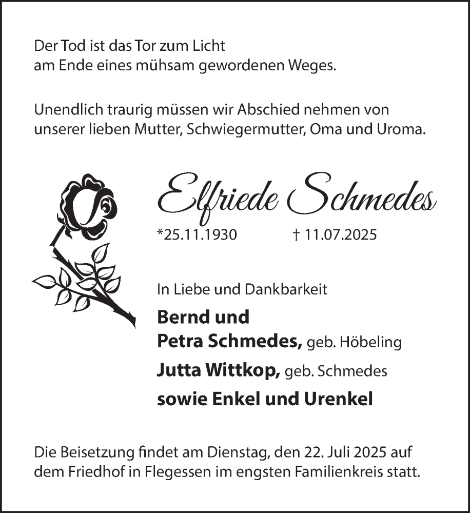  Traueranzeige für Elfriede Schmedes vom 19.07.2025 aus Deister- und Weserzeitung