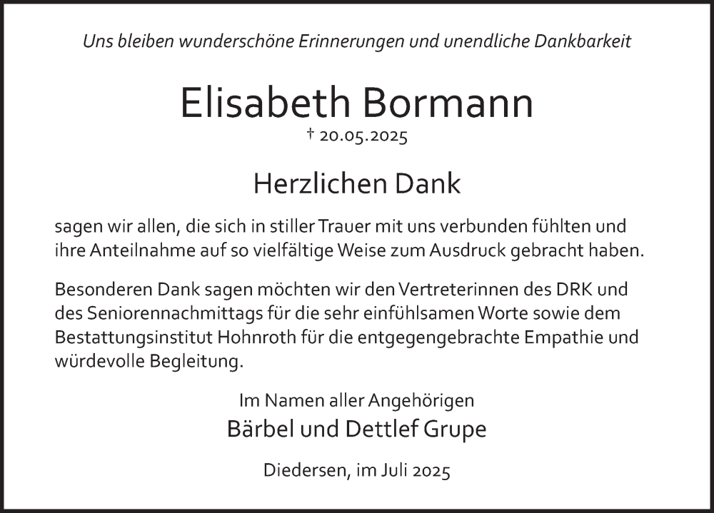  Traueranzeige für Elisabeth Bormann vom 12.07.2025 aus Deister- und Weserzeitung