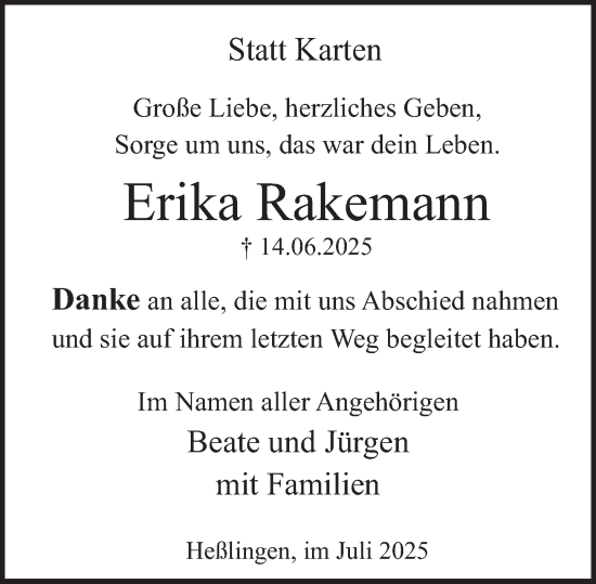 Traueranzeige von Erika Rakemann von Deister- und Weserzeitung