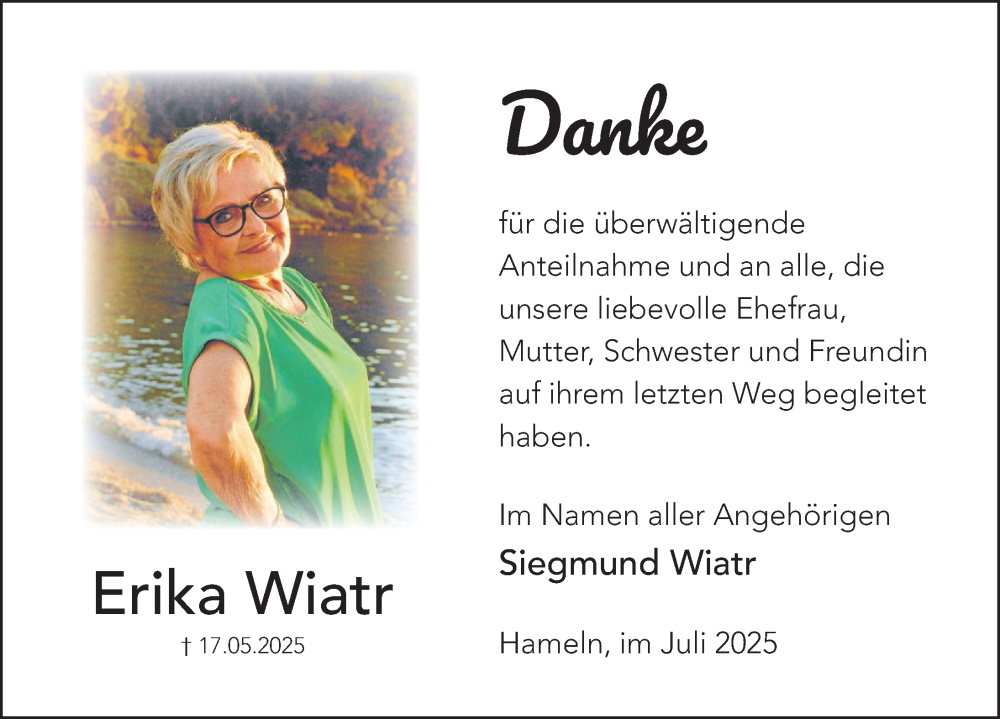  Traueranzeige für Erika Wiatr vom 05.07.2025 aus Deister- und Weserzeitung