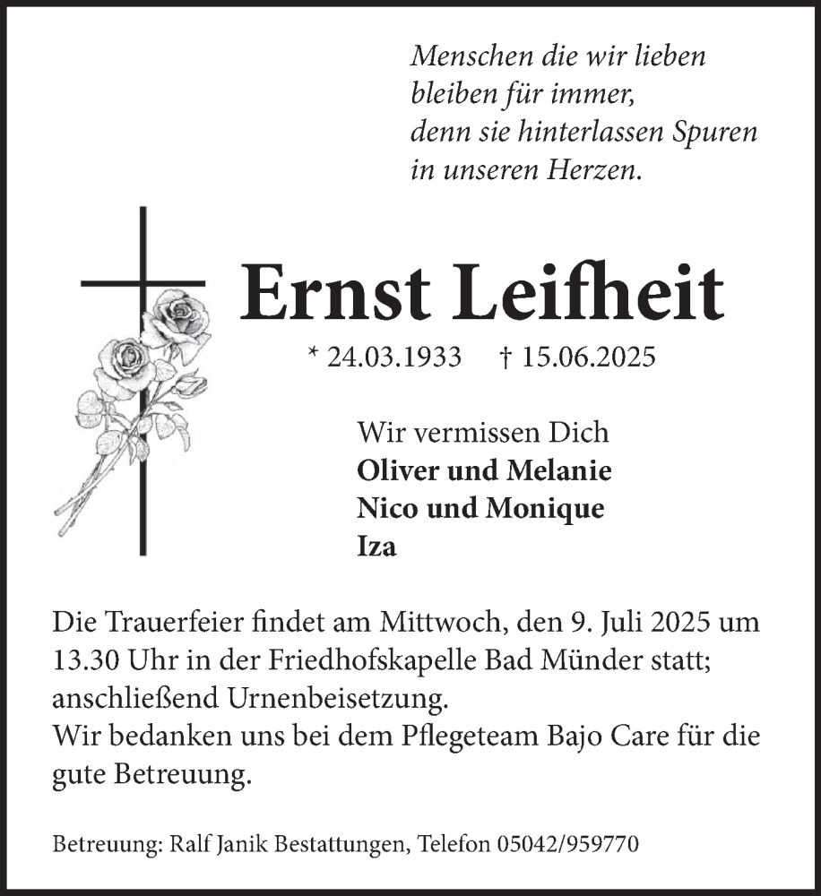  Traueranzeige für Ernst Leifheit vom 05.07.2025 aus Neue Deister-Zeitung