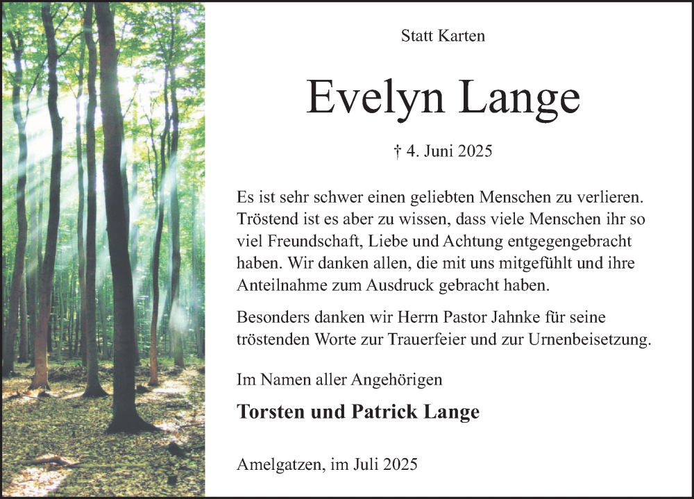  Traueranzeige für Evelyn Lange vom 19.07.2025 aus Deister- und Weserzeitung