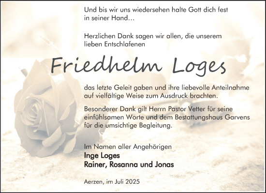 Traueranzeige von Friedhelm Loges von Deister- und Weserzeitung