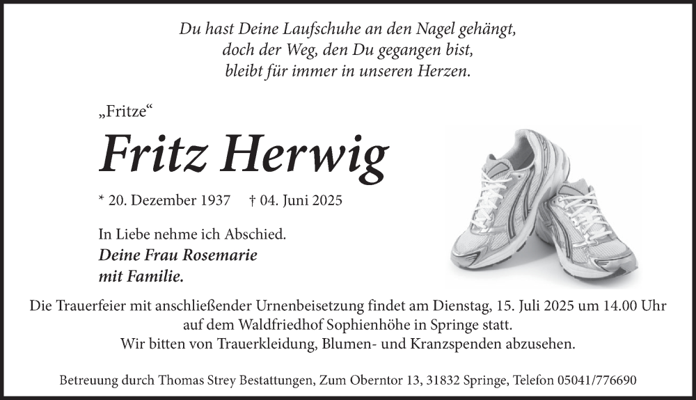  Traueranzeige für Fritz Herwig vom 12.07.2025 aus Neue Deister-Zeitung