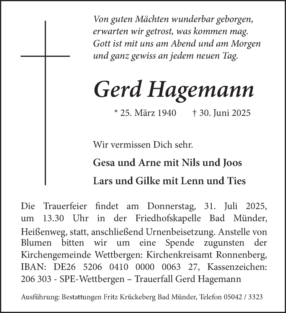 Traueranzeige für Gerd Hagemann vom 12.07.2025 aus Neue Deister-Zeitung