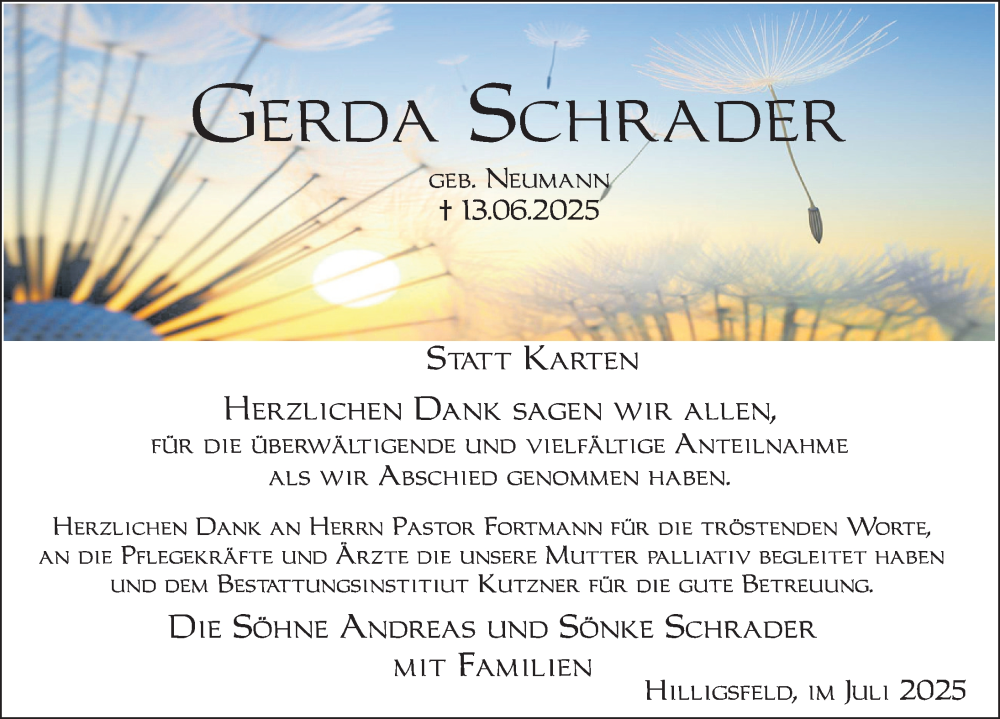  Traueranzeige für Gerda Schrader vom 05.07.2025 aus Deister- und Weserzeitung