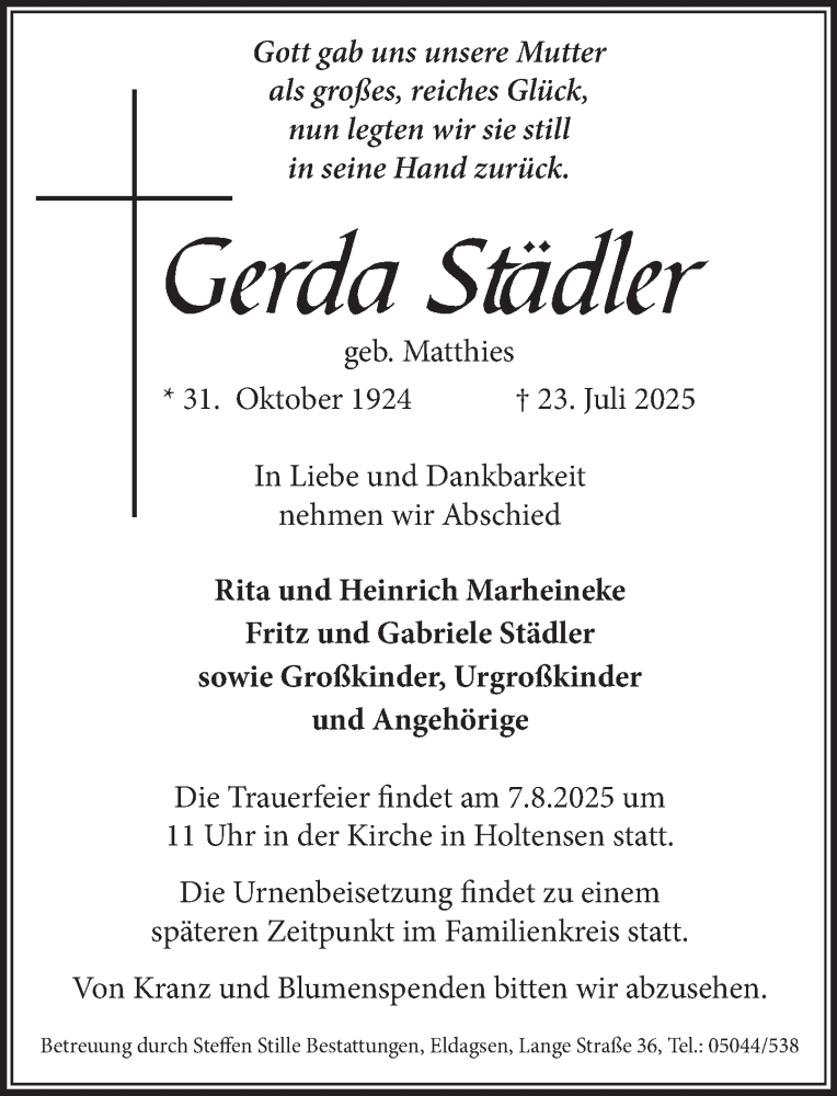  Traueranzeige für Gerda Städler vom 02.08.2025 aus Neue Deister-Zeitung