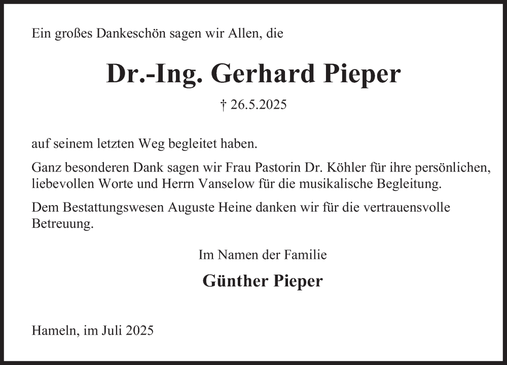  Traueranzeige für Gerhard Pieper vom 12.07.2025 aus Deister- und Weserzeitung