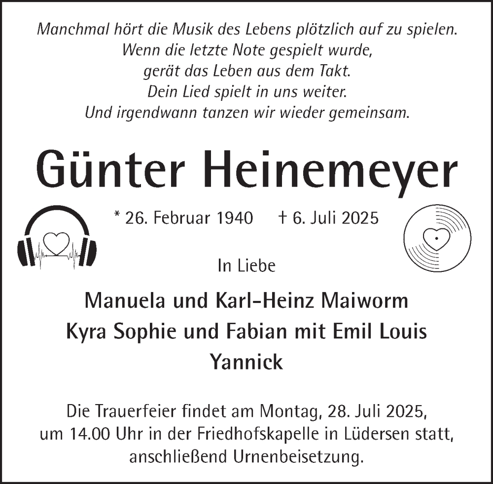  Traueranzeige für Günter Heinemeyer vom 19.07.2025 aus Neue Deister-Zeitung