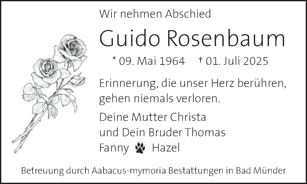  Traueranzeige für Guido Rosenbaum vom 12.07.2025 aus Neue Deister-Zeitung