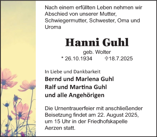 Traueranzeige von Hanni Guhl von Deister- und Weserzeitung