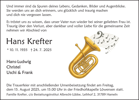Traueranzeige von Hans Krefter von Deister- und Weserzeitung