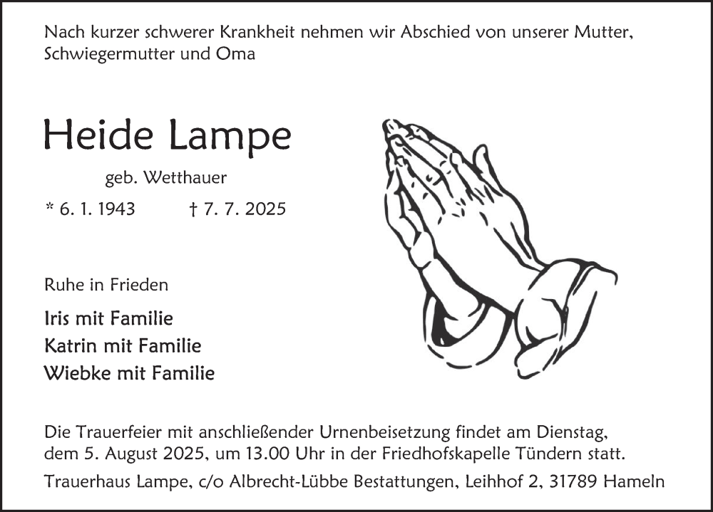  Traueranzeige für Heide Lampe vom 26.07.2025 aus Deister- und Weserzeitung