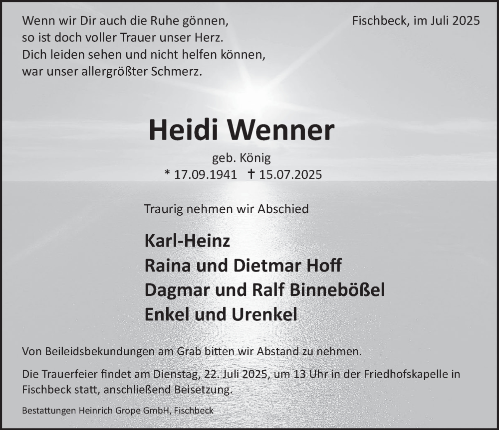  Traueranzeige für Heidi Wenner vom 19.07.2025 aus Deister- und Weserzeitung