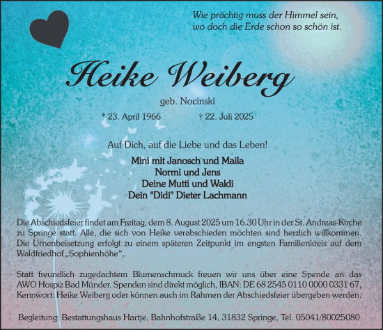 Traueranzeige von Heike Weiberg von Neue Deister-Zeitung