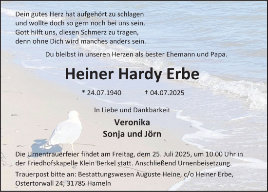 Traueranzeige von Heiner  Erbe von Deister- und Weserzeitung