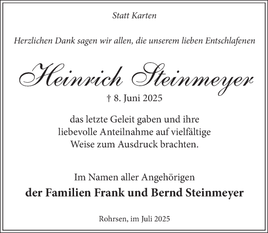 Traueranzeige von Heinrich Steinmeyer von Neue Deister-Zeitung