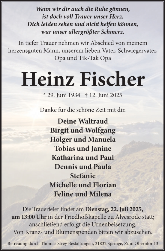 Traueranzeige von Heinz Fischer von Neue Deister-Zeitung