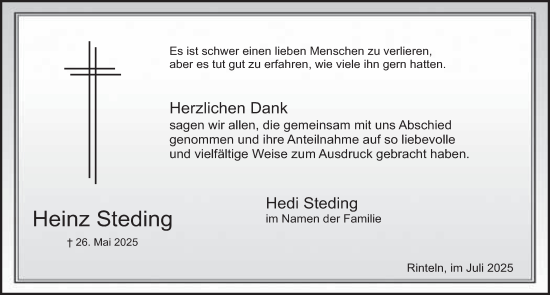 Traueranzeige von Heinz Steding von Deister- und Weserzeitung