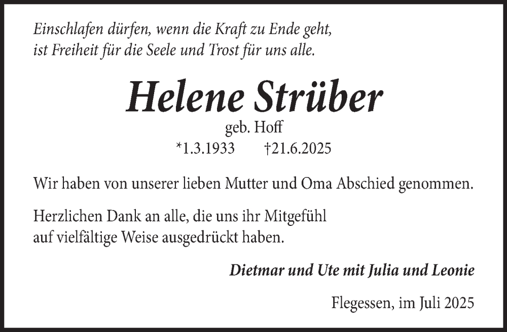  Traueranzeige für Helene Strüber vom 12.07.2025 aus Deister- und Weserzeitung