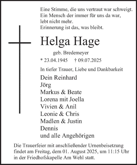 Traueranzeige von Helga Hage von Deister- und Weserzeitung
