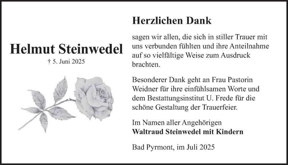  Traueranzeige für Helmut Steinwedel vom 05.07.2025 aus Deister- und Weserzeitung