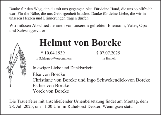 Traueranzeige von Helmut von Borcke von Deister- und Weserzeitung