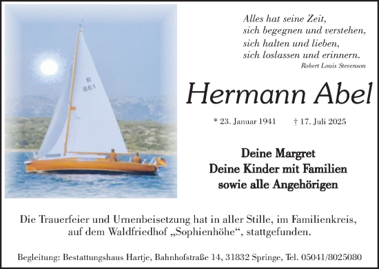 Traueranzeige von Hermann Abel von Neue Deister-Zeitung