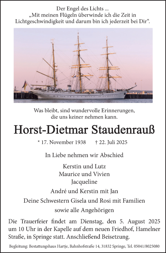 Traueranzeige von Horst-Dietmar Staudenrauß von Neue Deister-Zeitung