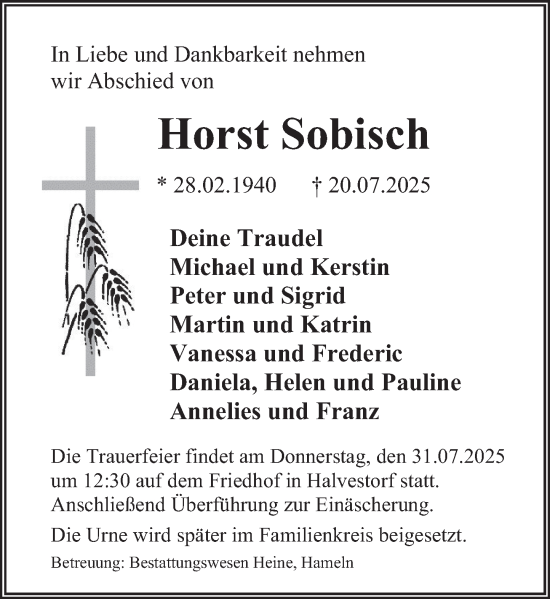 Traueranzeige von Horst Sobisch von Deister- und Weserzeitung
