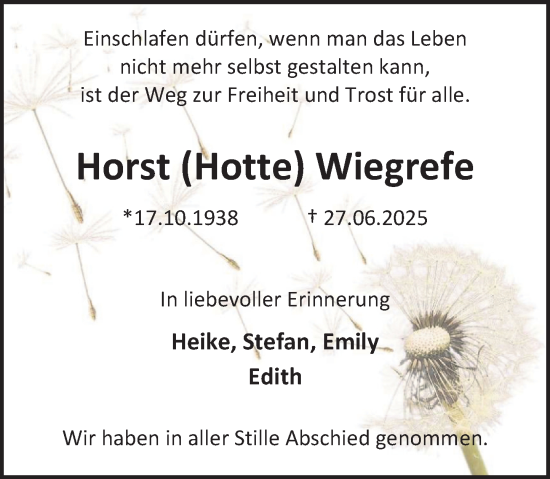 Traueranzeige von Horst Wiegrefe von Deister- und Weserzeitung