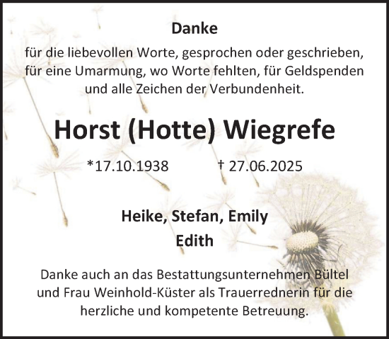Traueranzeige von Horst Wiegrefe von Deister- und Weserzeitung