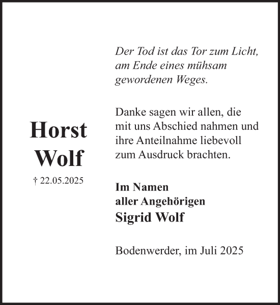Traueranzeige von Horst Wolf von Deister- und Weserzeitung