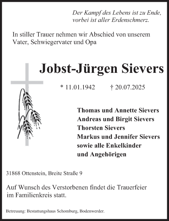 Traueranzeige von Jobst-Jürgen Sievers von Deister- und Weserzeitung